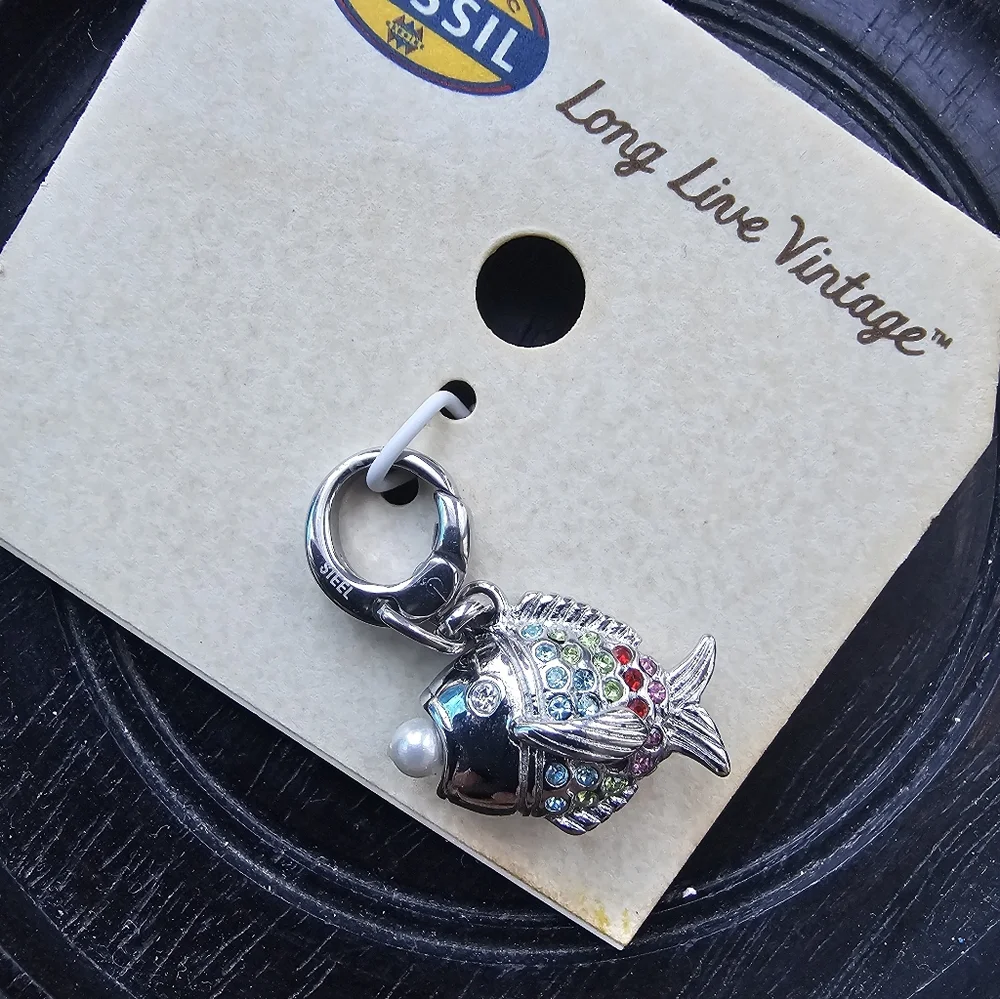 Fossil Fish Charm Multicolor With Faux Pearl Steel